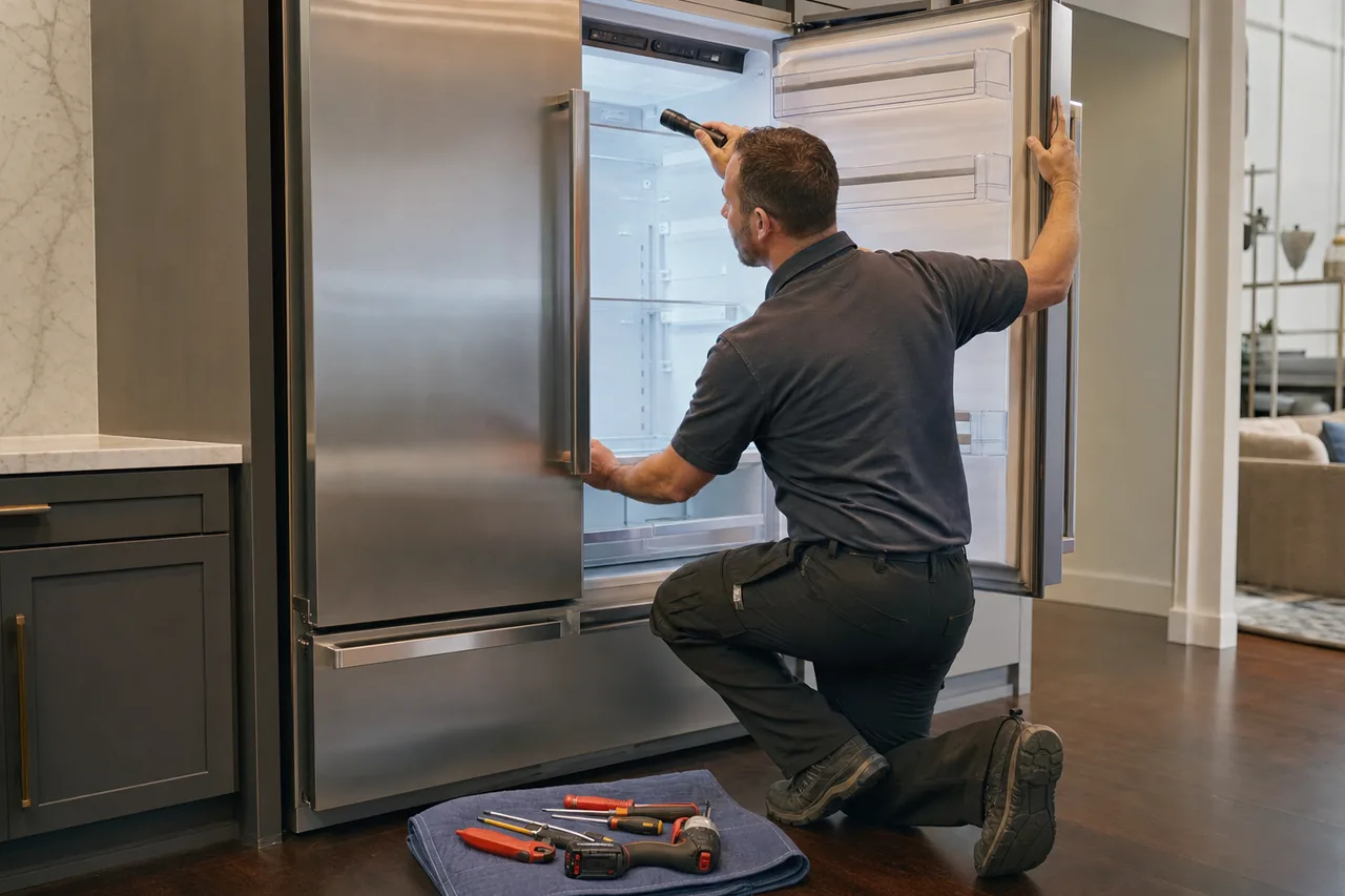 A New Canaan kitchen with a professional-style Viking range and built-in refrigeration
