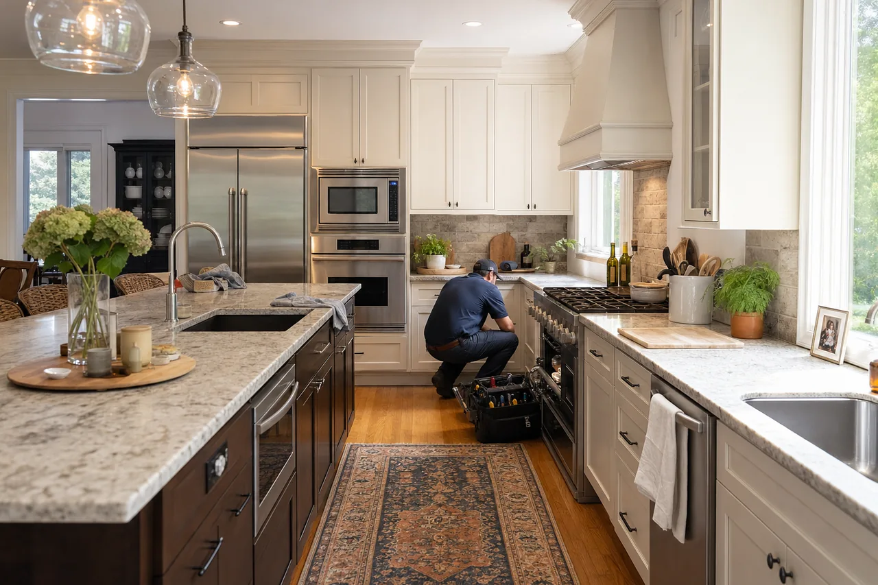 A luxury kitchen with built-in stainless appliances mid-repair