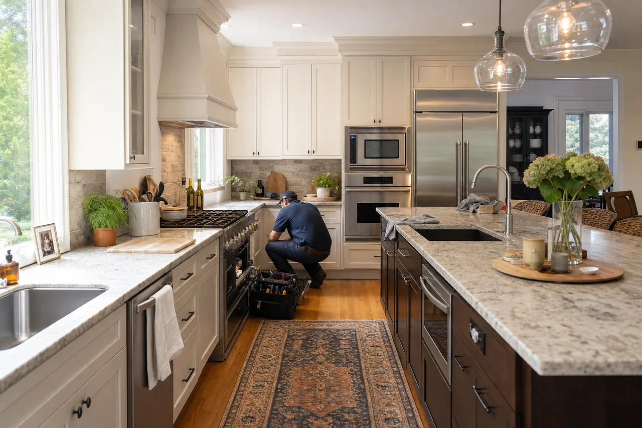 A luxury kitchen with built-in stainless appliances in a New Canaan kitchen