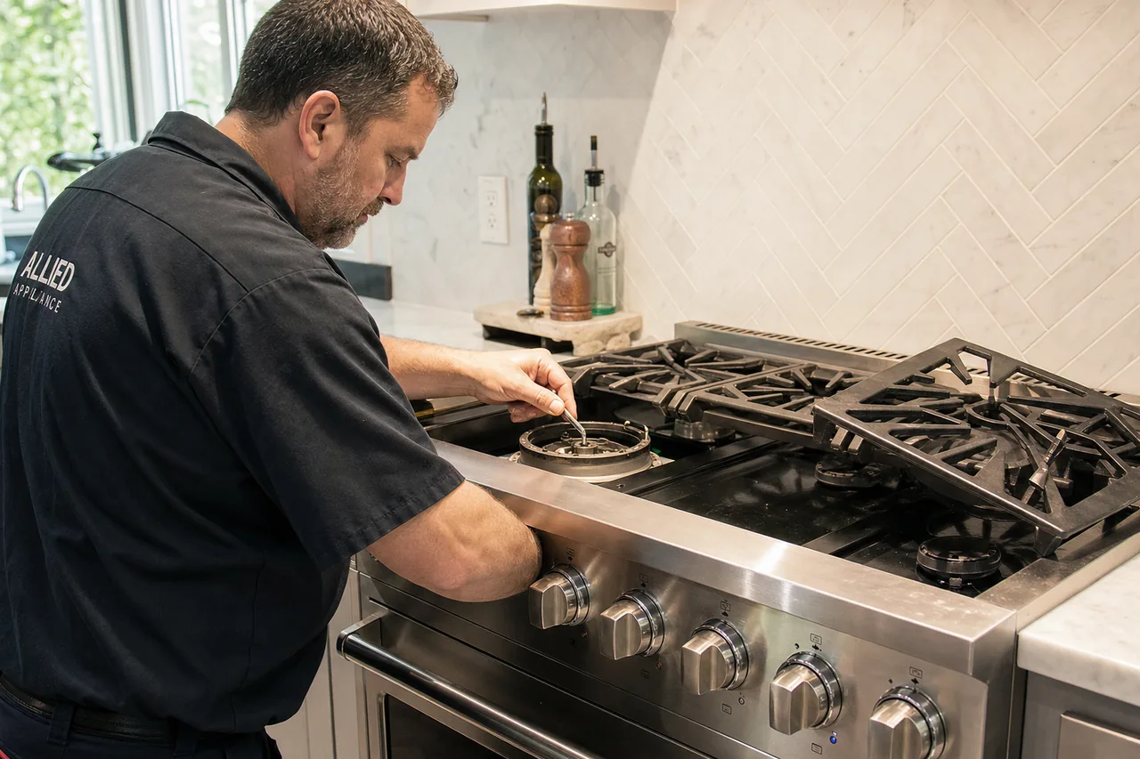 Technician servicing a stainless Viking range