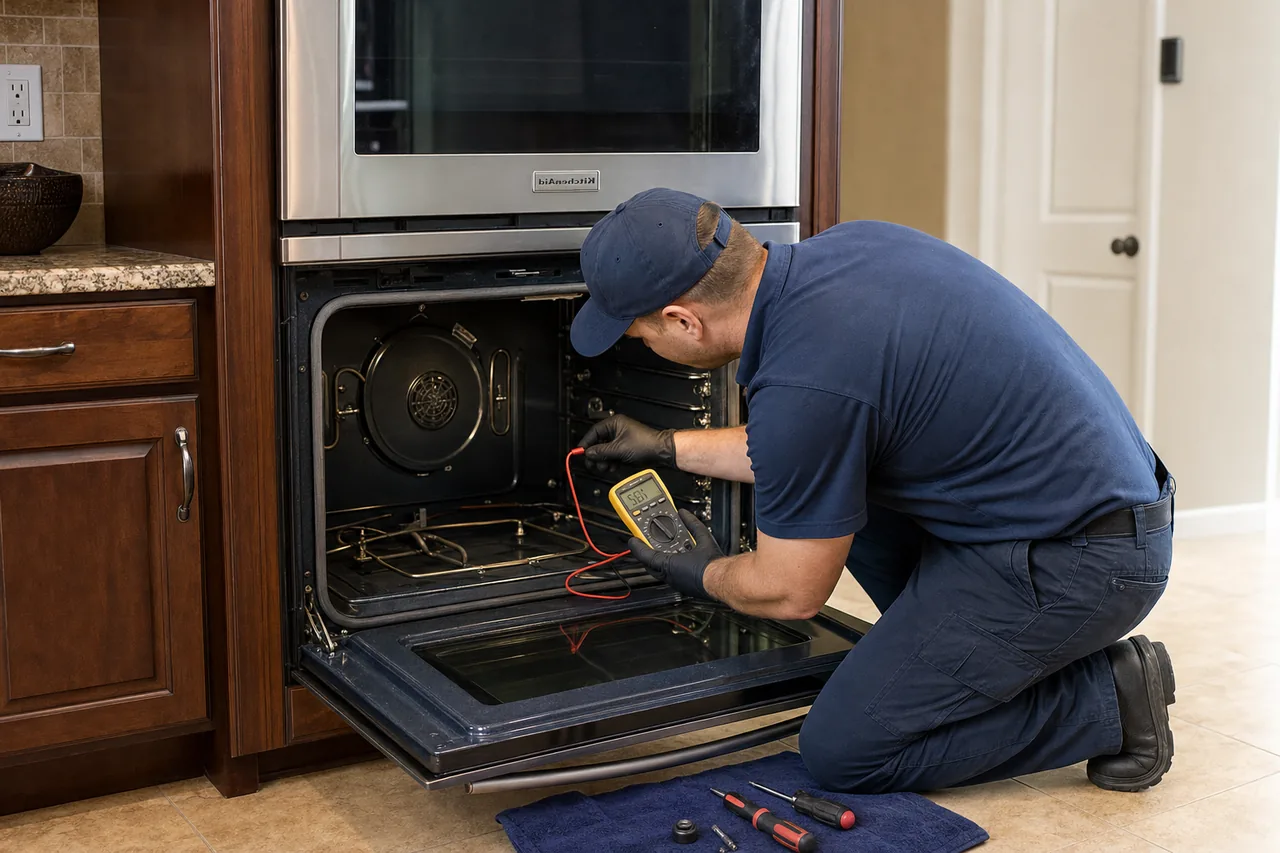Technician servicing a built-in wall oven in a New Canaan kitchen